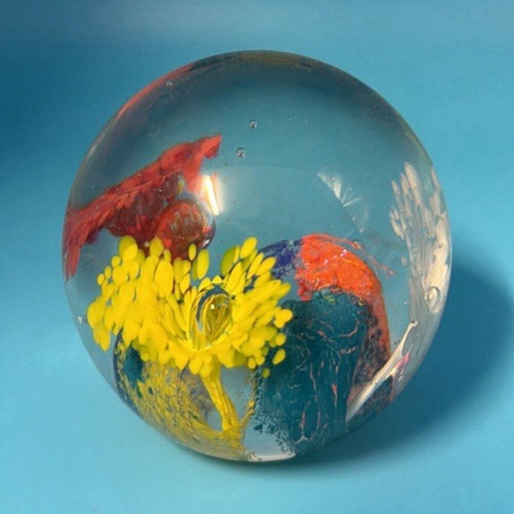 Art Glass Paperweight Multicolor Fish &‎ Coral Theme Clear Glass Orb Decor